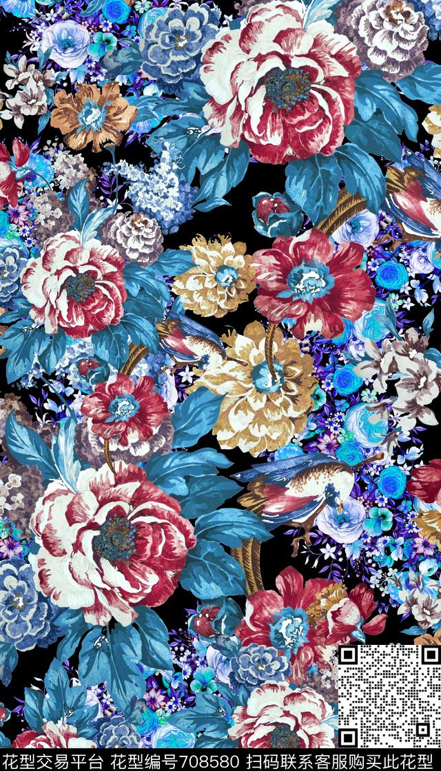 经典手绘花卉数码印花华亿平台下载（图片编号: 708580） - 瓦栏（Walan）