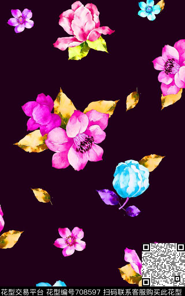 大花花朵花卉数码印花华亿平台下载（图片编号: 708597） - 瓦栏（Walan）