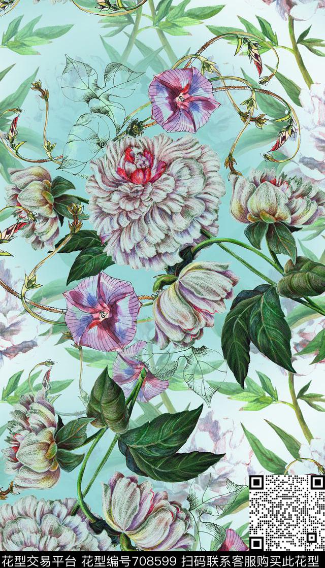 蓝色牵牛花经典数码印花华亿平台下载（图片编号: 708599） - 瓦栏（Walan）