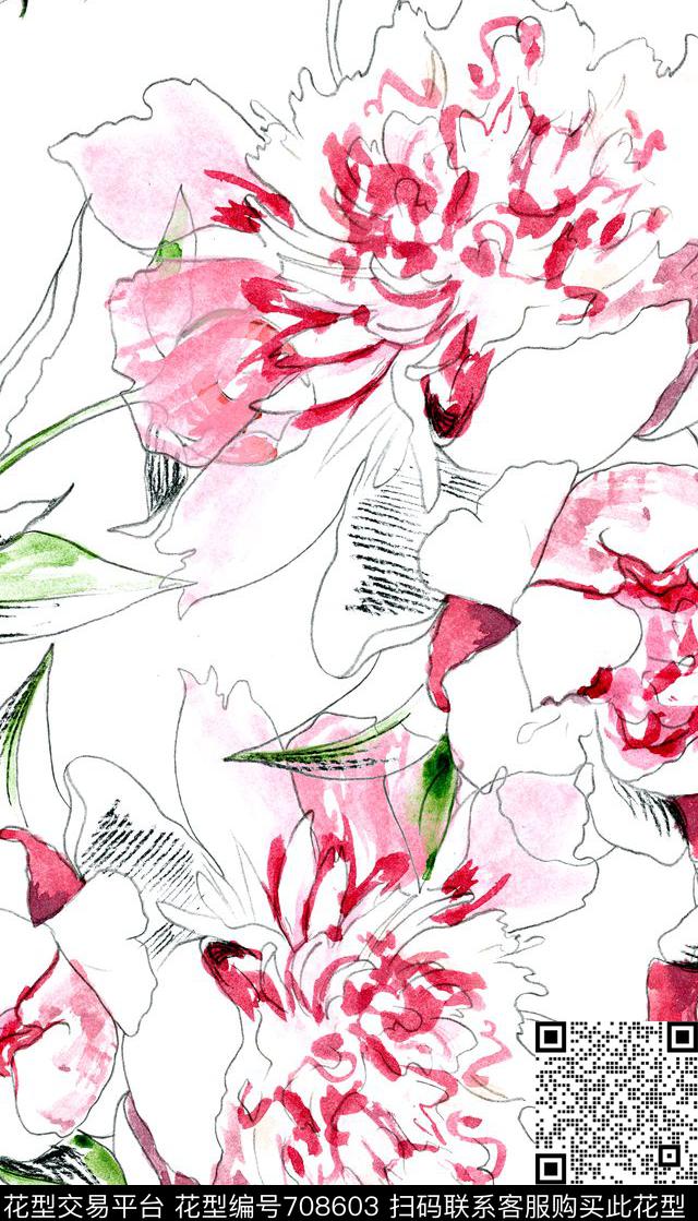 线描手绘花卉数码印花华亿平台下载（图片编号: 708603） - 瓦栏（Walan）