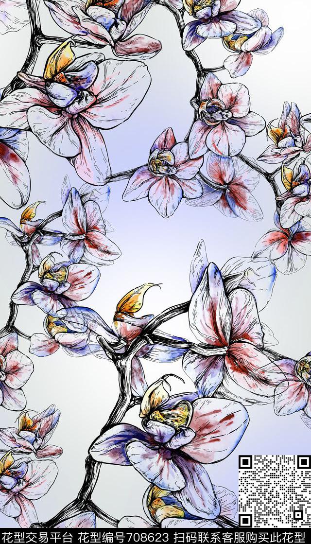手绘花卉树枝数码印花华亿平台下载（图片编号: 708623） - 瓦栏（Walan）
