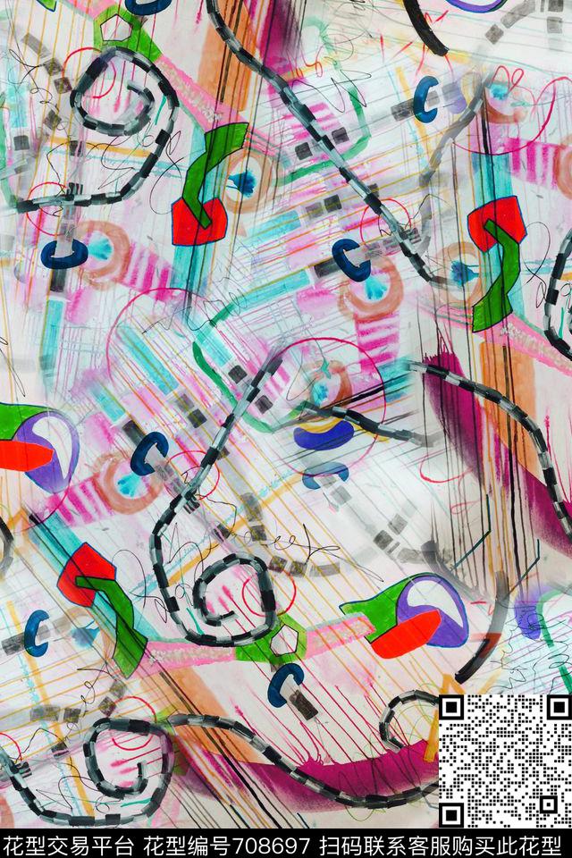 卡通图案涂鸦几何线条数码印花华亿平台下载（图片编号: 708697） - 瓦栏（Walan）