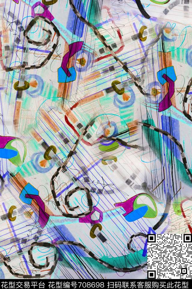 卡通图案涂鸦几何线条数码印花华亿平台下载（图片编号: 708698） - 瓦栏（Walan）