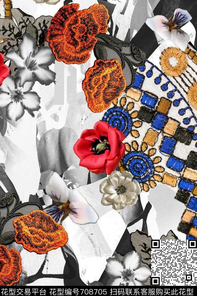 刺绣抽象贴布数码印花华亿平台下载（图片编号: 708705） - 瓦栏（Walan）