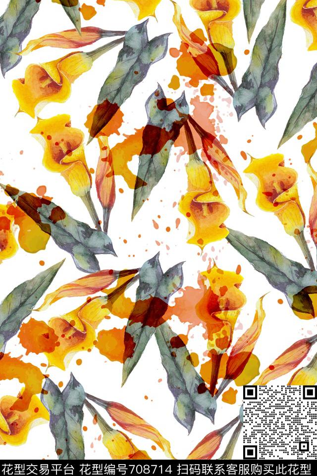 花卉水彩喷溅数码印花华亿平台下载（图片编号: 708714） - 瓦栏（Walan）