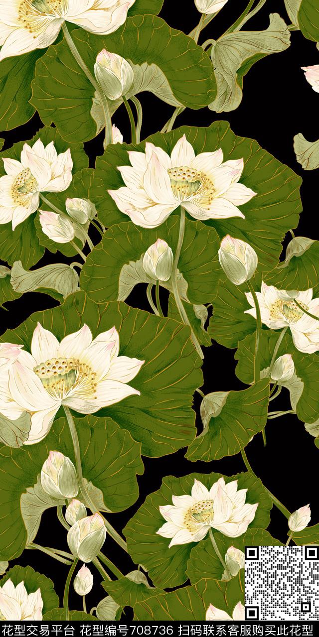 荷花花朵花卉数码印花华亿平台下载（图片编号: 708736） - 瓦栏（Walan）