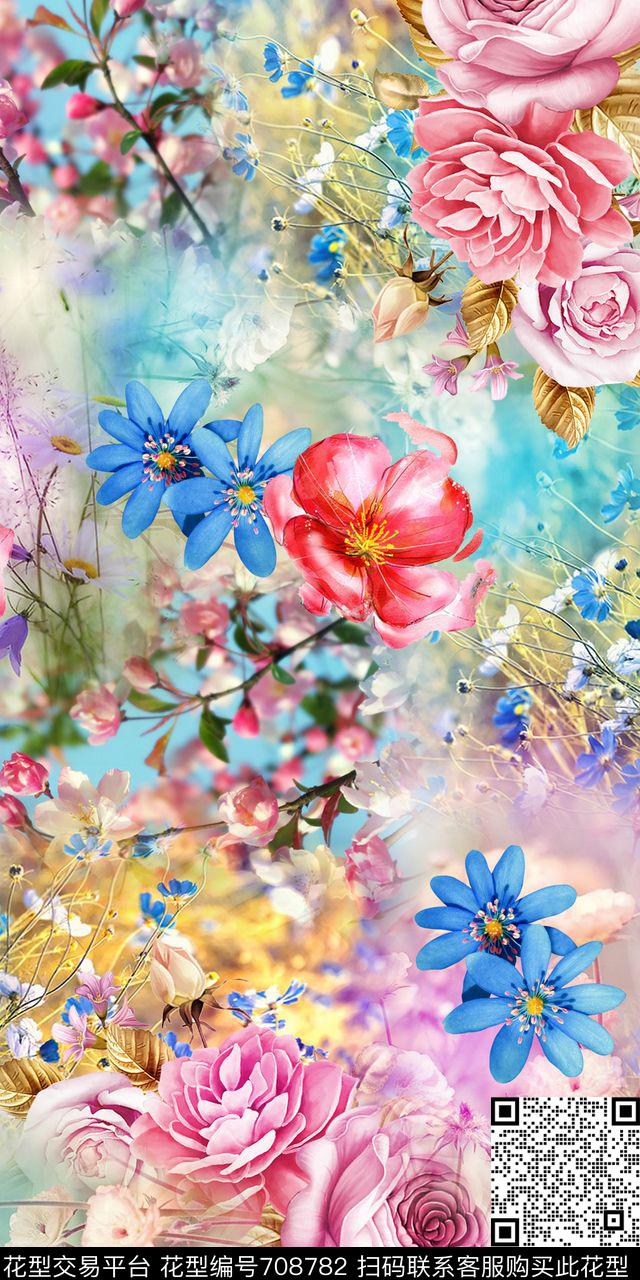 朦胧大气清爽手绘花卉数码印花华亿平台下载（图片编号: 708782） - 瓦栏（Walan）