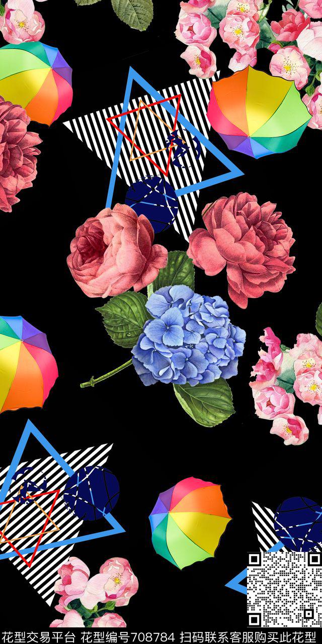 几何雨伞手绘花卉数码印花华亿平台下载（图片编号: 708784） - 瓦栏（Walan）