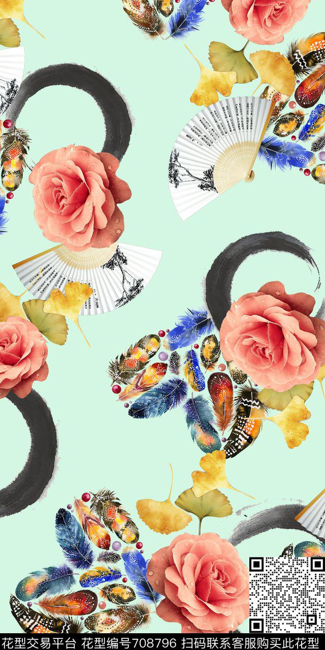 水彩羽毛水墨扇子数码印花华亿平台下载（图片编号: 708796） - 瓦栏（Walan）