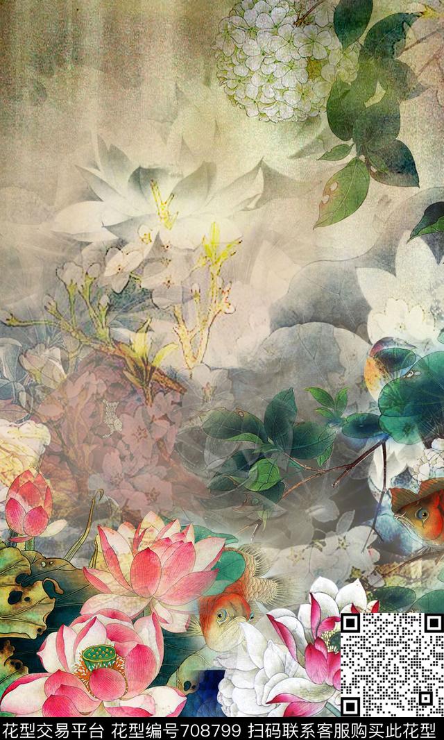 国画、水墨画、中国风荷花牡丹数码印花华亿平台下载（图片编号: 708799） - 瓦栏（Walan）