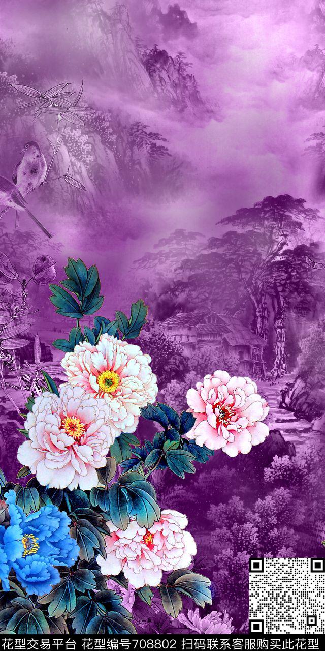 中国风风景水墨数码印花华亿平台下载（图片编号: 708802） - 瓦栏（Walan）