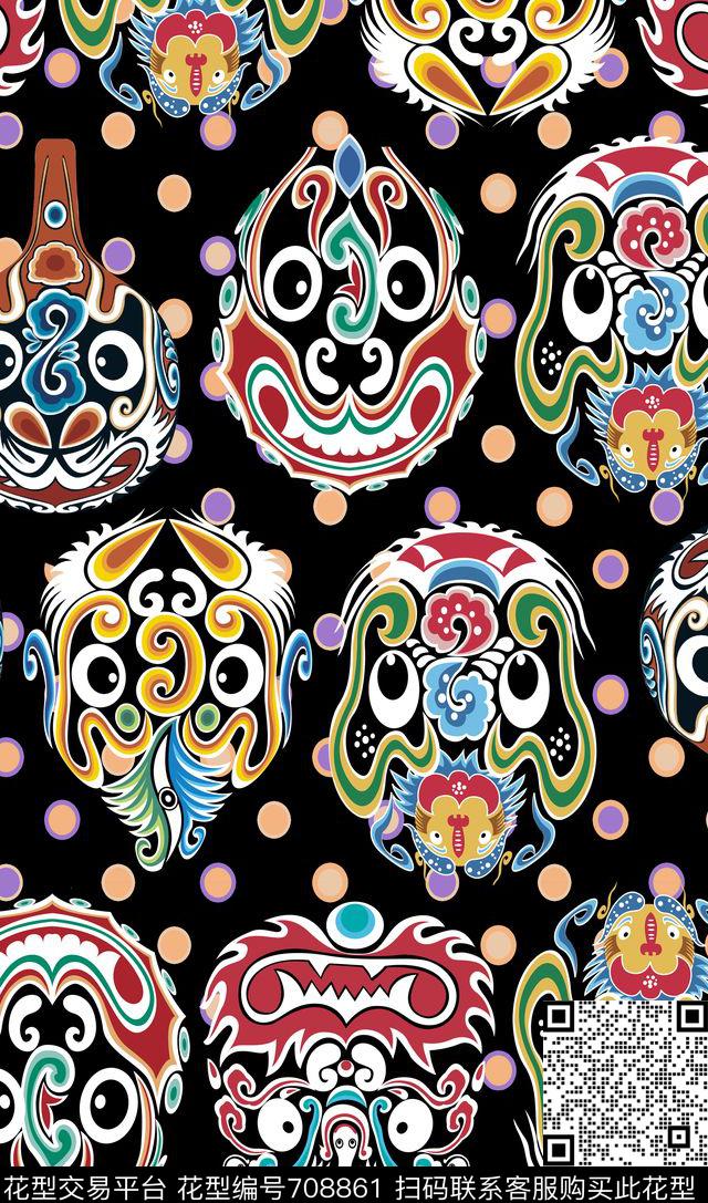 脸谱中国风波点数码印花华亿平台下载（图片编号: 708861） - 瓦栏（Walan）