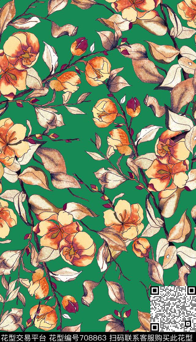 复古手绘花卉数码印花华亿平台下载（图片编号: 708863） - 瓦栏（Walan）
