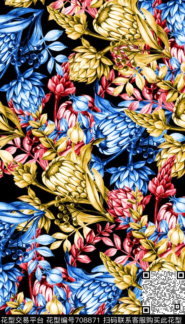 手绘五彩花卉数码印花华亿平台下载（图片编号: 708871） - 瓦栏（Walan）