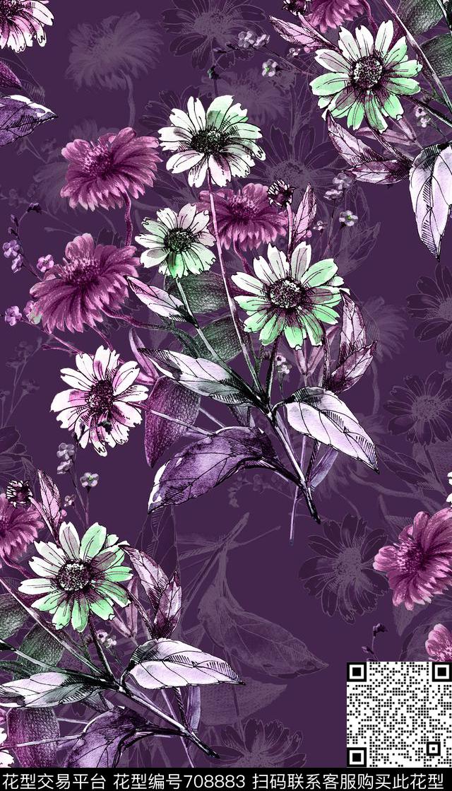 手绘五彩花卉数码印花华亿平台下载（图片编号: 708883） - 瓦栏（Walan）
