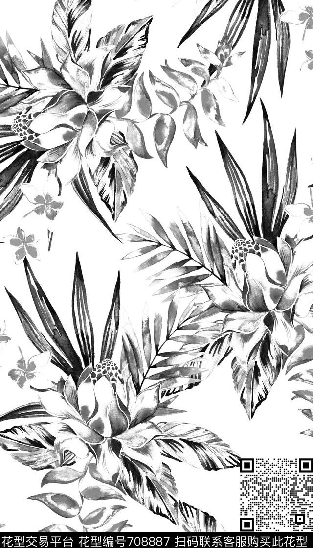 黑白热带植物数码印花华亿平台下载（图片编号: 708887） - 瓦栏（Walan）