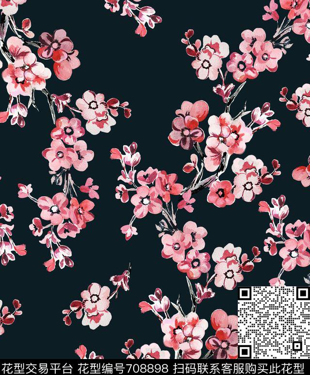 手绘时尚花卉印花花卉梅花数码印花华亿平台下载（图片编号: 708898） - 瓦栏（Walan）