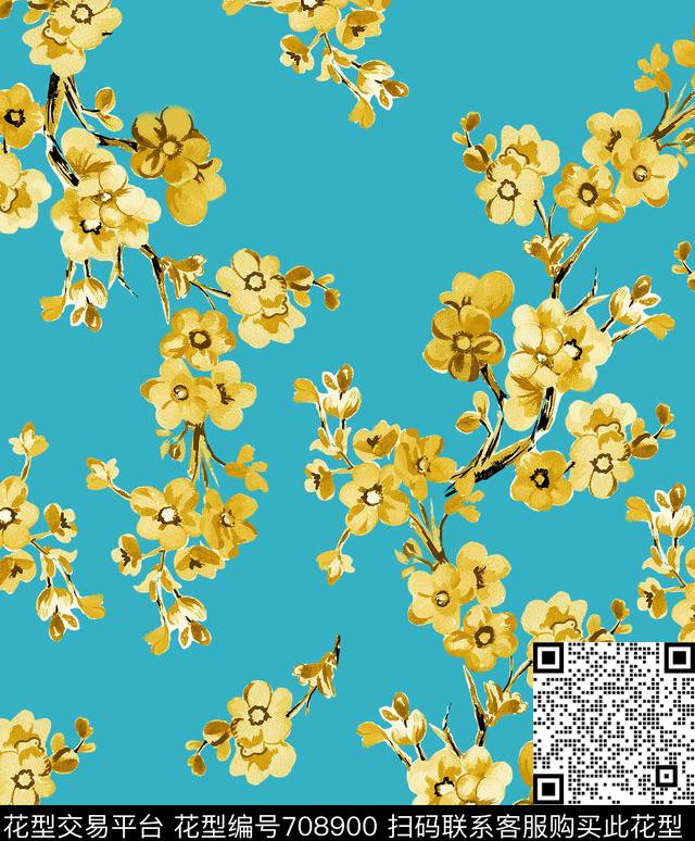 手绘时尚花卉印花花卉梅花数码印花华亿平台下载（图片编号: 708900） - 瓦栏（Walan）