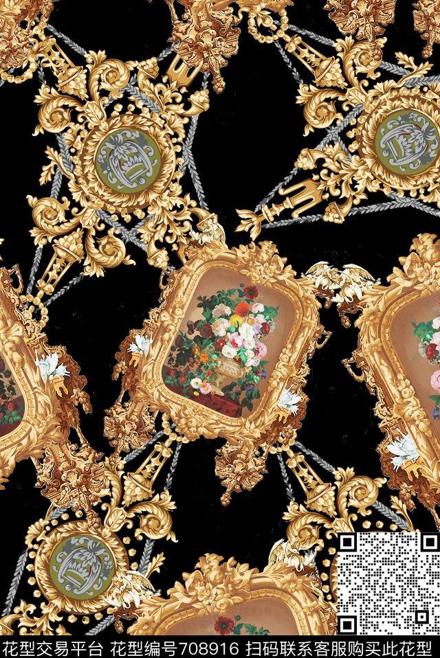 欧式卷草宫廷风油画花卉数码印花华亿平台下载（图片编号: 708916） - 瓦栏（Walan）