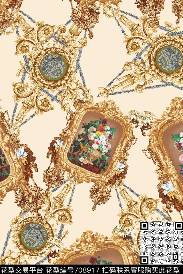 欧式卷草宫廷风油画花卉数码印花华亿平台下载（图片编号: 708917） - 瓦栏（Walan）
