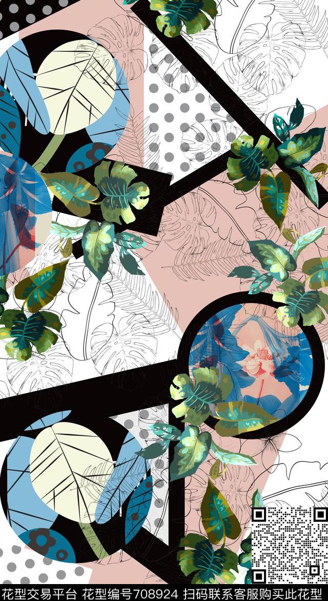 几何花朵花卉数码印花华亿平台下载（图片编号: 708924） - 瓦栏（Walan）