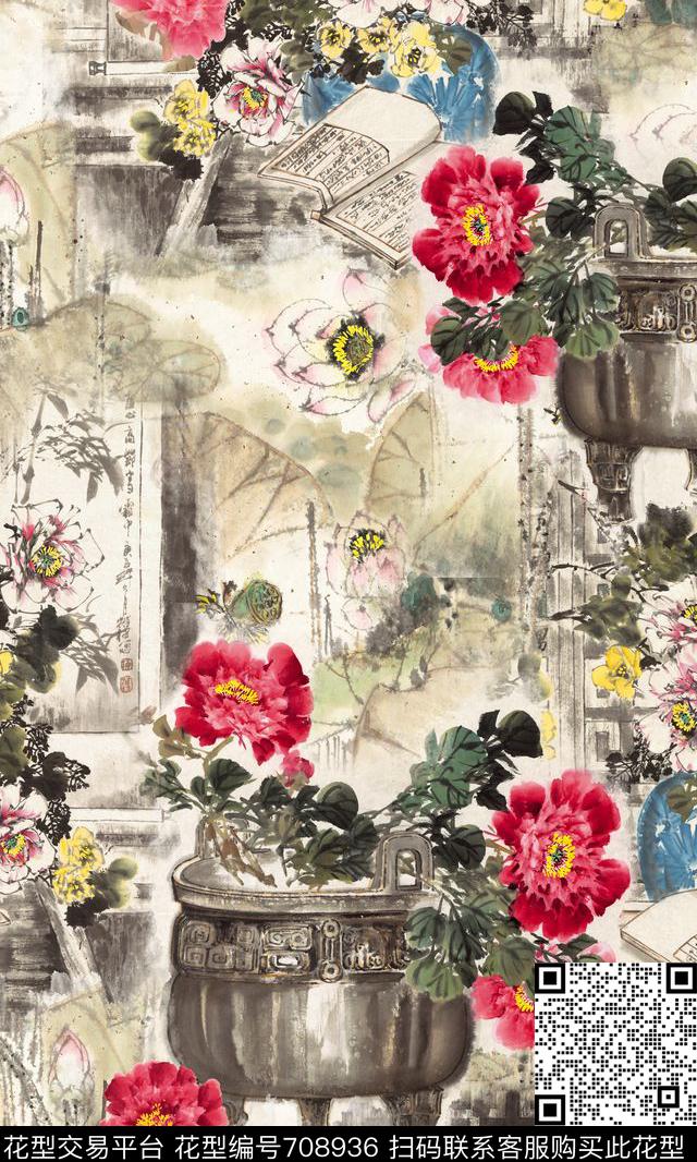 牡丹国画、水墨画、中国风国画、抽象数码印花华亿平台下载（图片编号: 708936） - 瓦栏（Walan）
