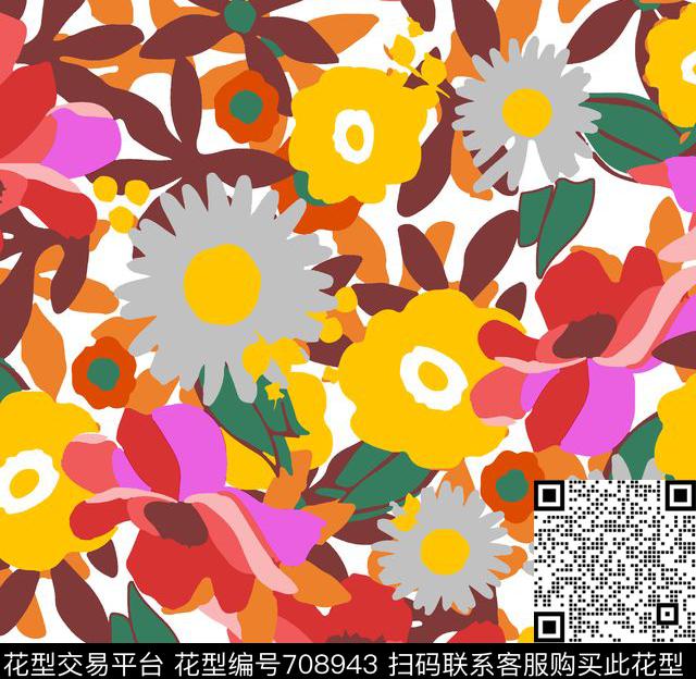 花卉多彩手绘数码印花华亿平台下载（图片编号: 708943） - 瓦栏（Walan）