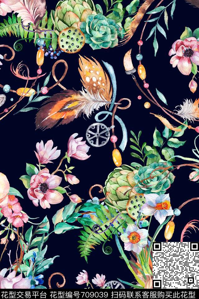花卉羽毛水彩数码印花华亿平台下载（图片编号: 709039） - 瓦栏（Walan）