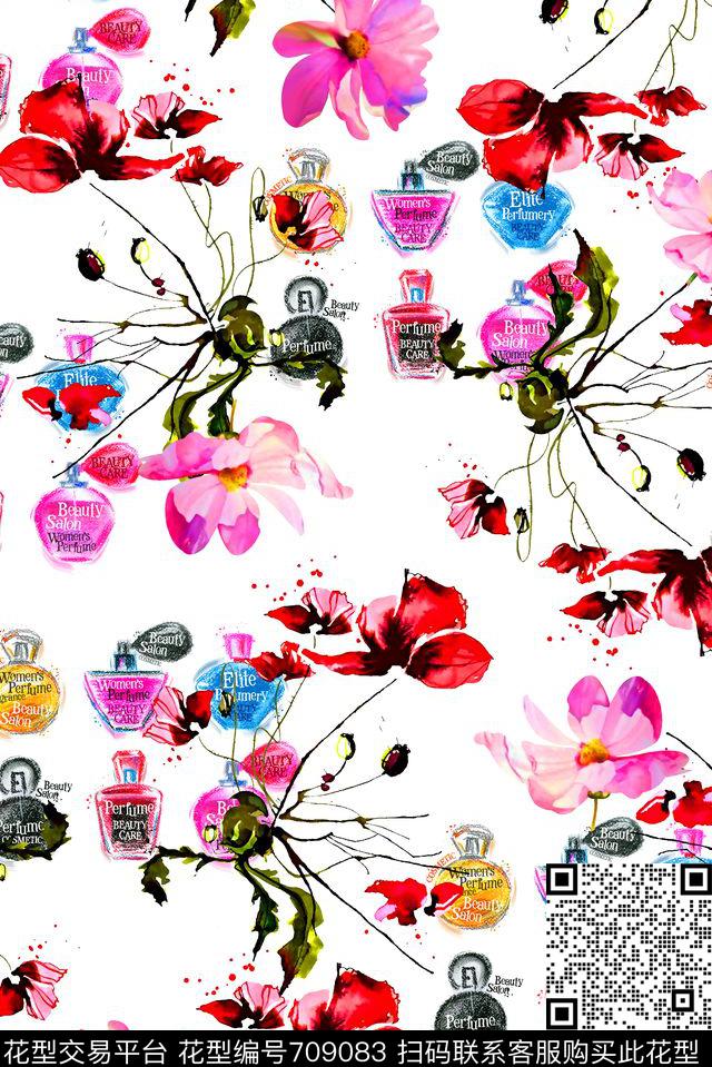 抽象手绘满版花卉最新高清数码水彩花卉香水瓶数码印花华亿平台下载（图片编号: 709083） - 瓦栏（Walan）