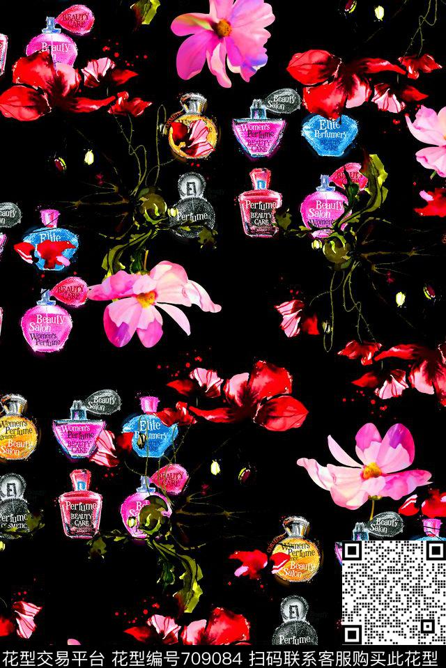 抽象手绘满版花卉最新高清数码水彩花卉香水瓶数码印花华亿平台下载（图片编号: 709084） - 瓦栏（Walan）