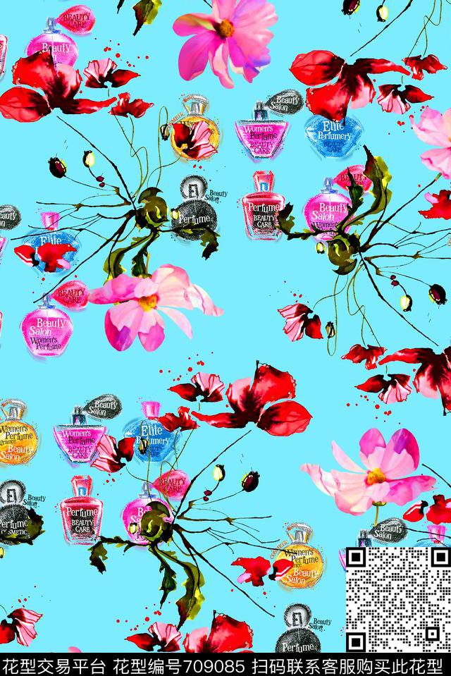 抽象手绘满版花卉最新高清数码水彩花卉香水瓶数码印花华亿平台下载（图片编号: 709085） - 瓦栏（Walan）
