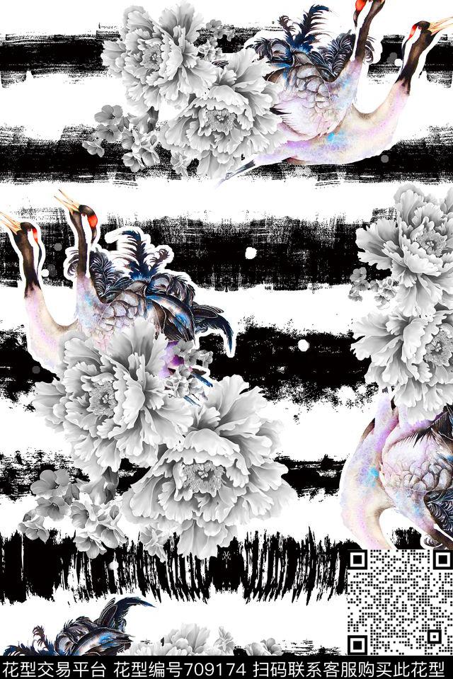 鸟类水墨泳装数码印花华亿平台下载（图片编号: 709174） - 瓦栏（Walan）
