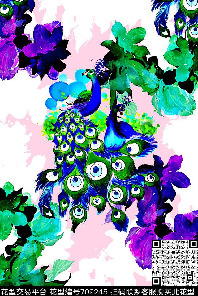 抽象手绘水彩油画动物纹理孔雀羽毛印花时尚大牌女装裙子花卉几何印花彩绘数码印花华亿平台下载（图片编号: 709245） - 瓦栏（Walan）