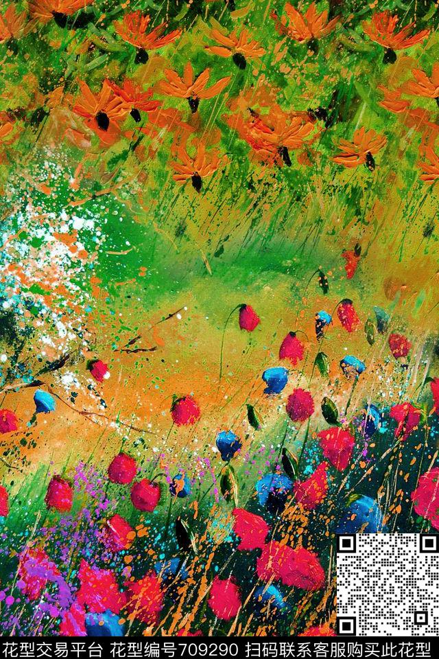 油画花卉向日葵虞美人数码印花华亿平台下载（图片编号: 709290） - 瓦栏（Walan）