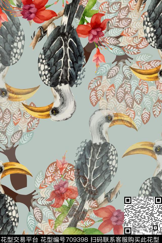 鸟昆虫图案民族风青蓝雅韵系列数码印花华亿平台下载（图片编号: 709398） - 瓦栏（Walan）