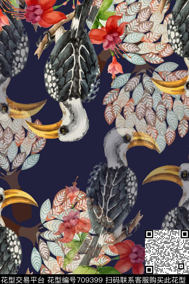 鸟昆虫图案民族风青蓝雅韵系列数码印花华亿平台下载（图片编号: 709399） - 瓦栏（Walan）