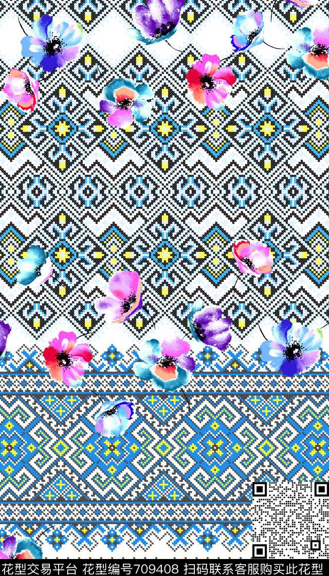 民族风几何花卉数码印花华亿平台下载（图片编号: 709408） - 瓦栏（Walan）