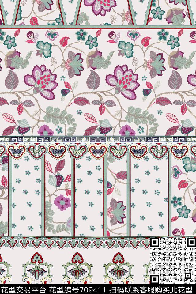 民族风花卉条纹数码印花华亿平台下载（图片编号: 709411） - 瓦栏（Walan）