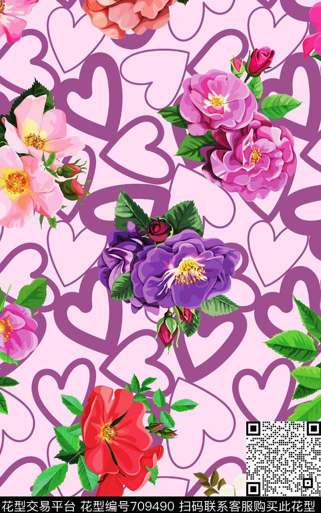爱心花朵花卉数码印花华亿平台下载（图片编号: 709490） - 瓦栏（Walan）