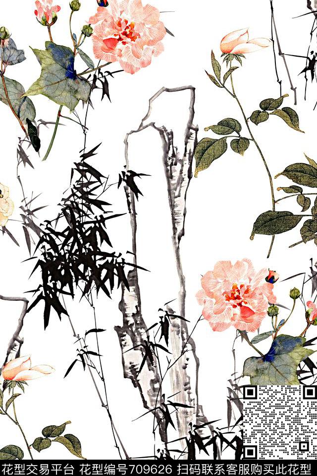 抽象手绘中国风水墨画山水画数码印花时尚潮流女装裙子旗袍清爽花卉印花植物民族风印花数码印花华亿平台下载（图片编号: 709626） - 瓦栏（Walan）