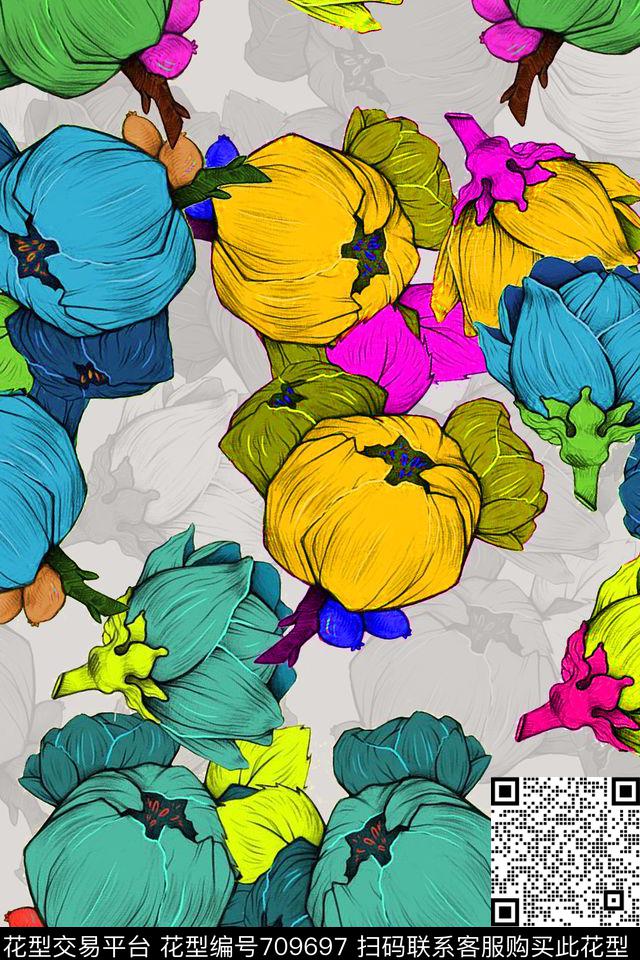 花朵花卉清新数码印花华亿平台下载（图片编号: 709697） - 瓦栏（Walan）