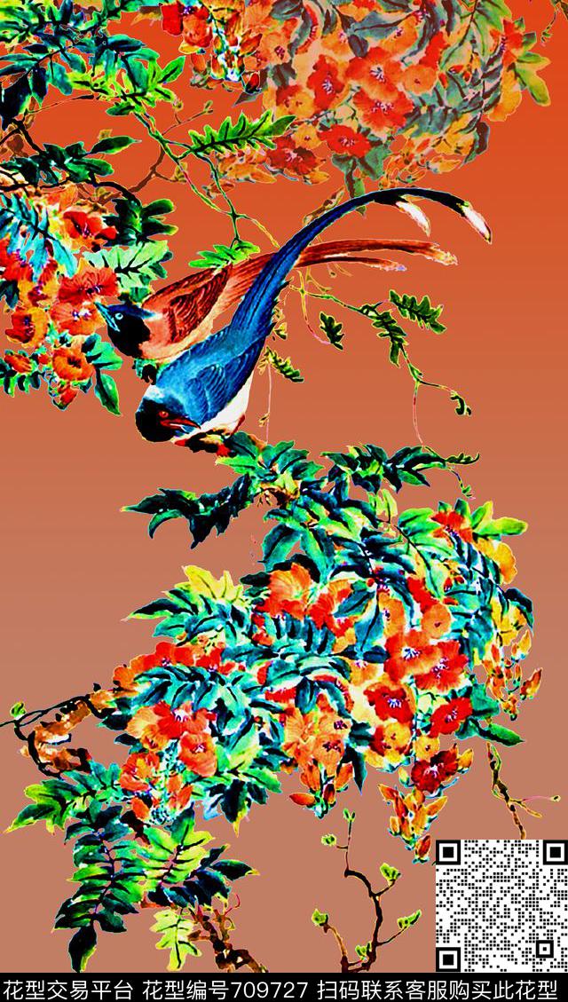 抽象手绘水墨画中国风数码印花时尚潮流女装裙子旗袍花鸟花卉印花复古民族风定位印花数码印花华亿平台下载（图片编号: 709727） - 瓦栏（Walan）