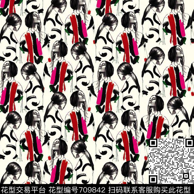 涂鸦密集人群人像传统印花华亿平台下载（图片编号: 709842） - 瓦栏（Walan）