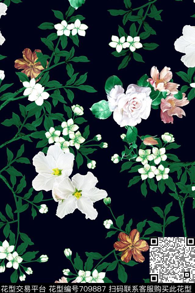 黑底简约田园数码印花华亿平台下载（图片编号: 709887） - 瓦栏（Walan）