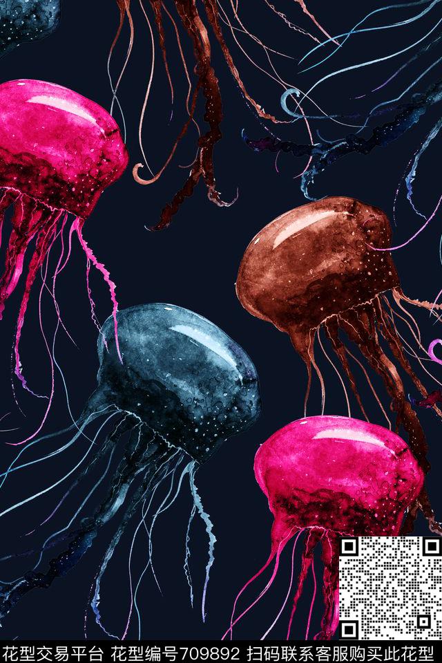 藏青手绘水母数码印花华亿平台下载（图片编号: 709892） - 瓦栏（Walan）