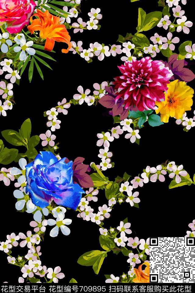 小碎花大花玫瑰数码印花华亿平台下载（图片编号: 709895） - 瓦栏（Walan）
