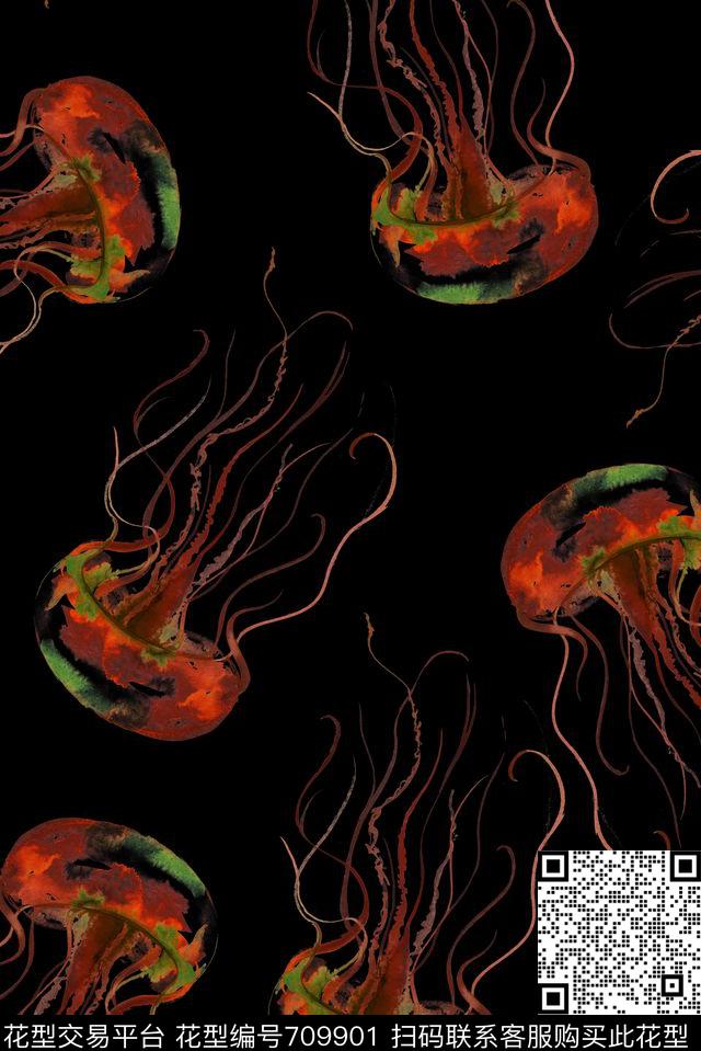 手绘复古水母数码印花华亿平台下载（图片编号: 709901） - 瓦栏（Walan）