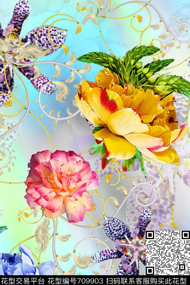 女装满版花卉旗袍。炫彩底纹。数码印花华亿平台下载（图片编号: 709903） - 瓦栏（Walan）