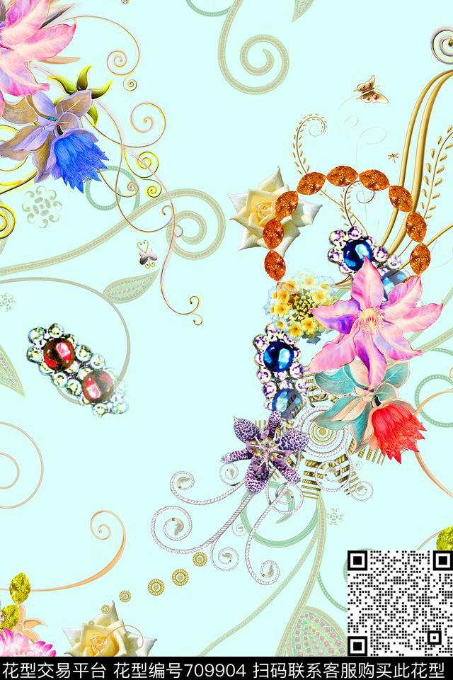 女装满版花卉旗袍数码印花华亿平台下载（图片编号: 709904） - 瓦栏（Walan）