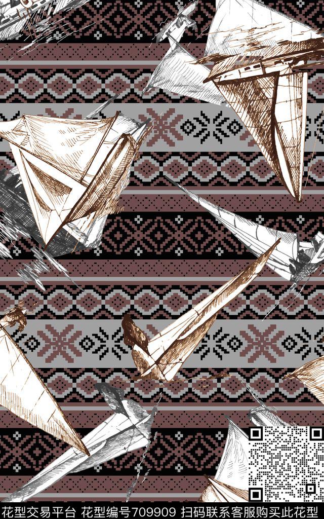 条纹帆船名族图案数码印花华亿平台下载（图片编号: 709909） - 瓦栏（Walan）